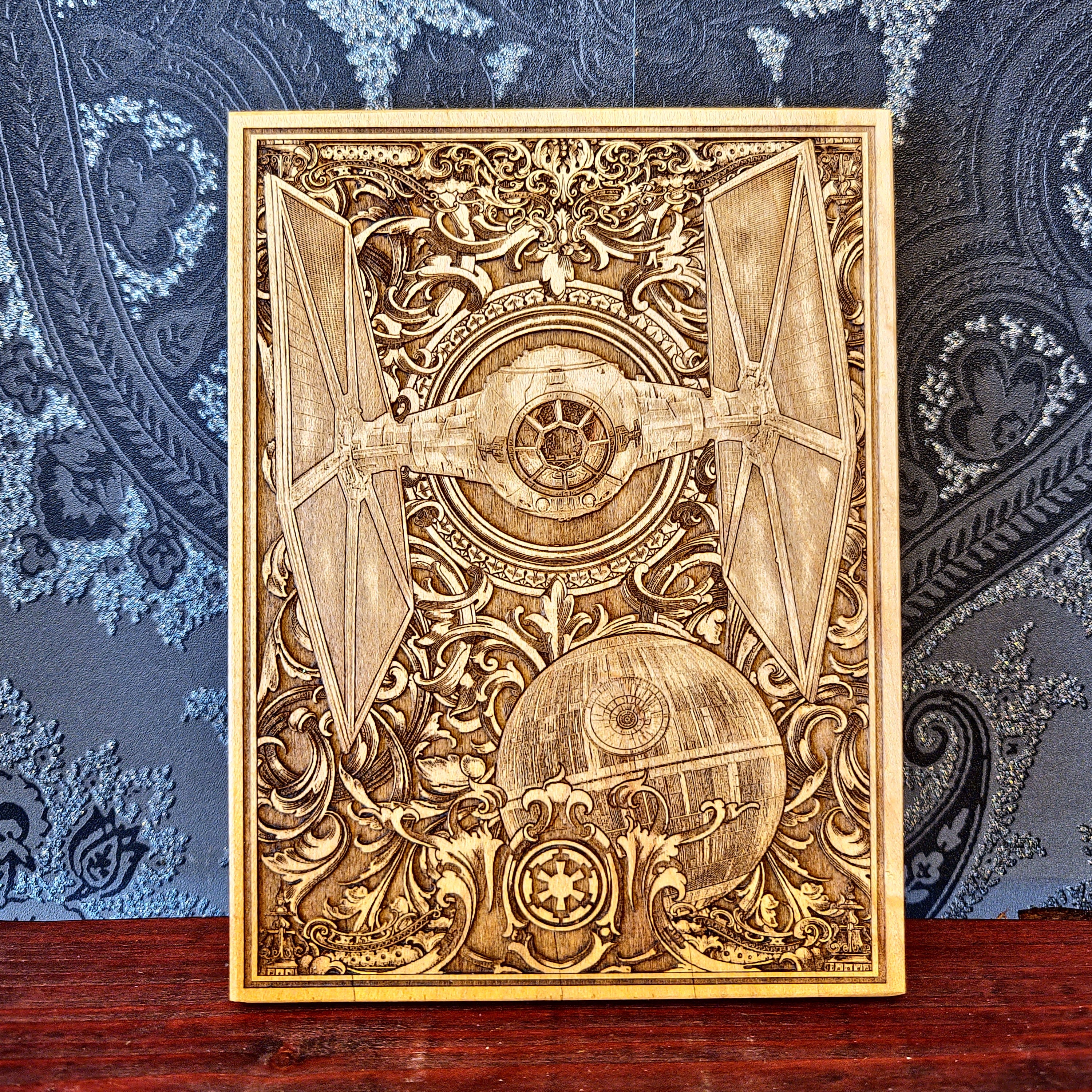 tie fighter spaceship wood engraving