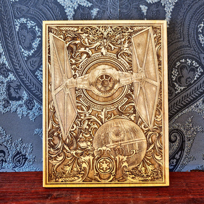 tie fighter spaceship wood engraving