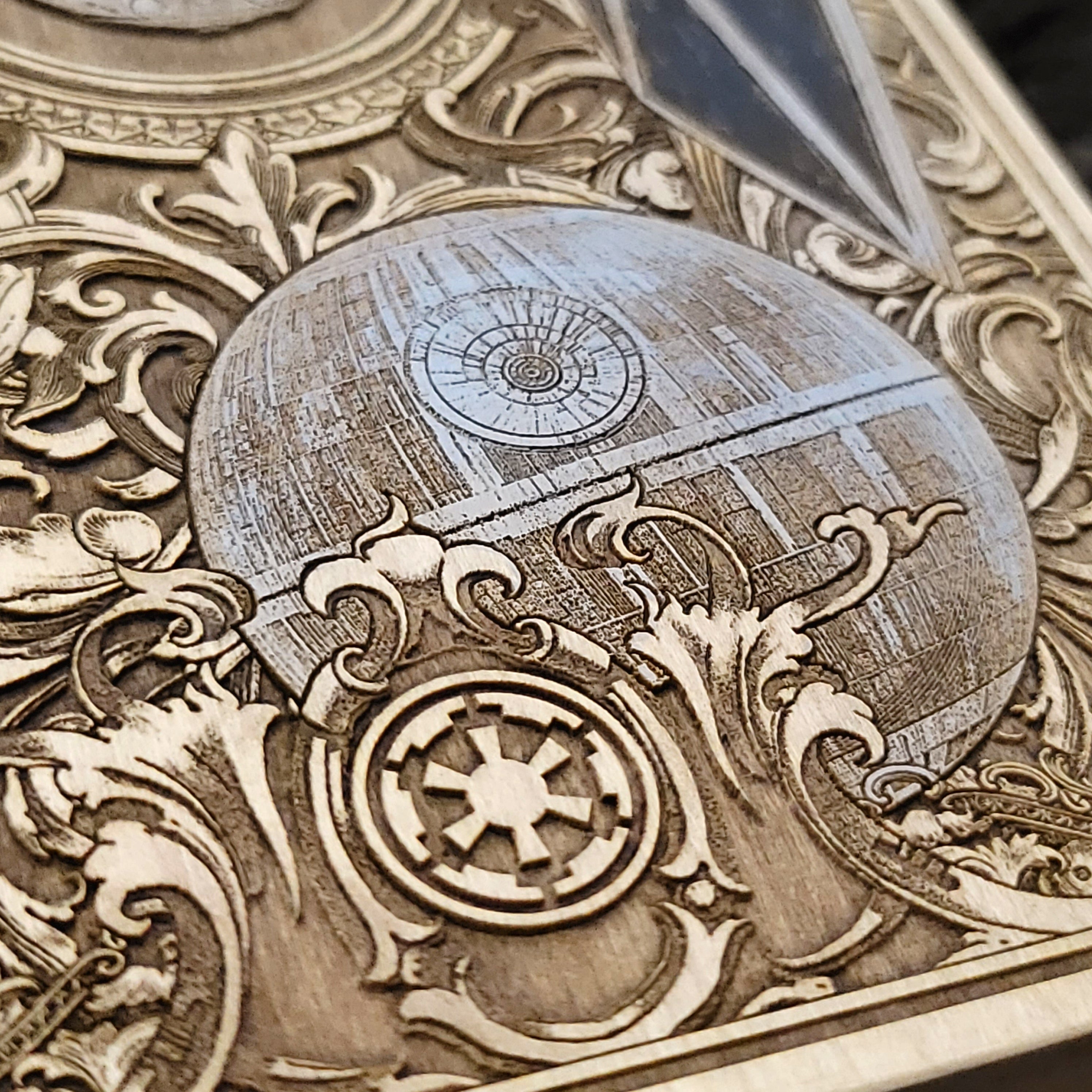 Unique handcrafted Tie Fighter wood engraving - home & office decor