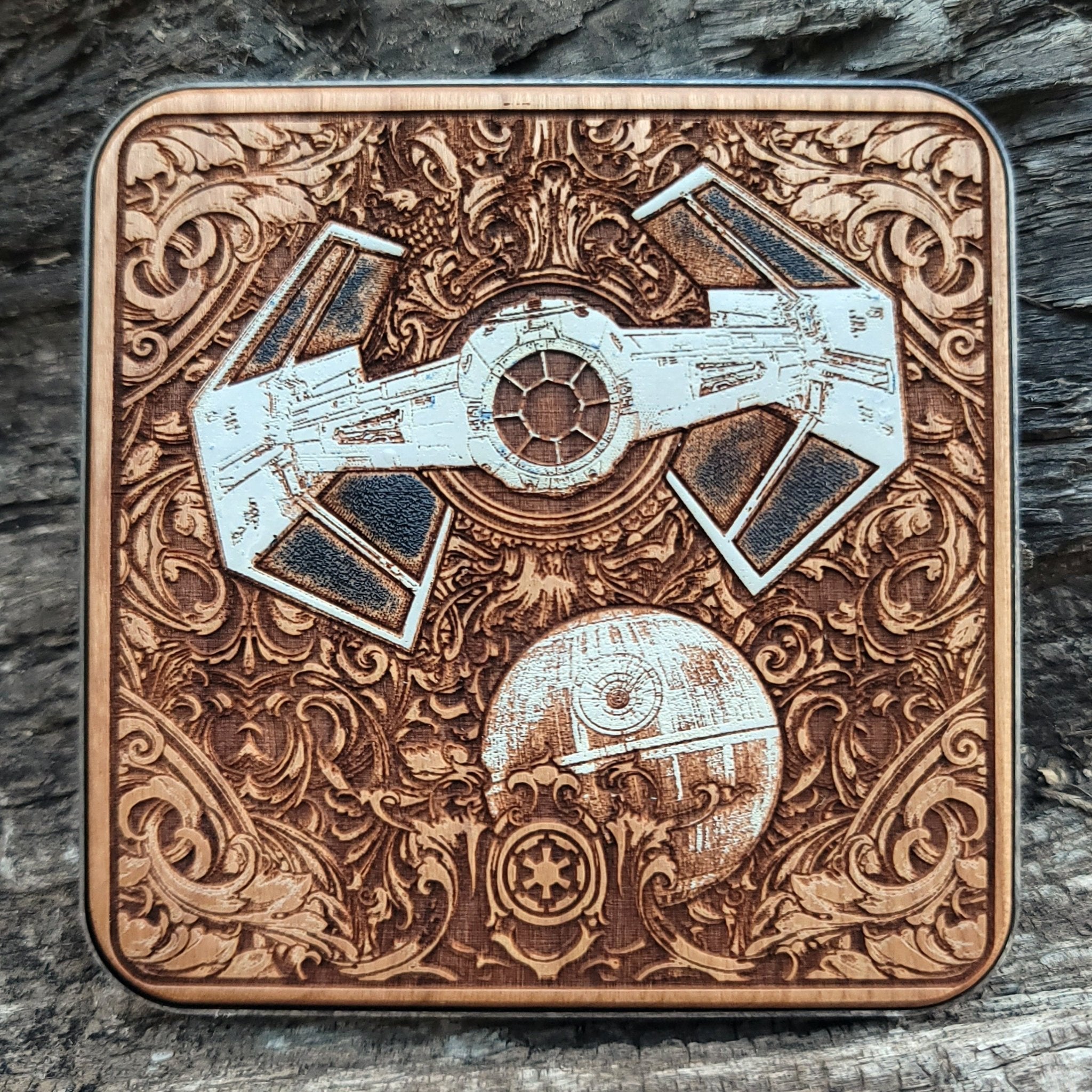Hand-painted wooden wireless charger with Star Wars-style spaceships.