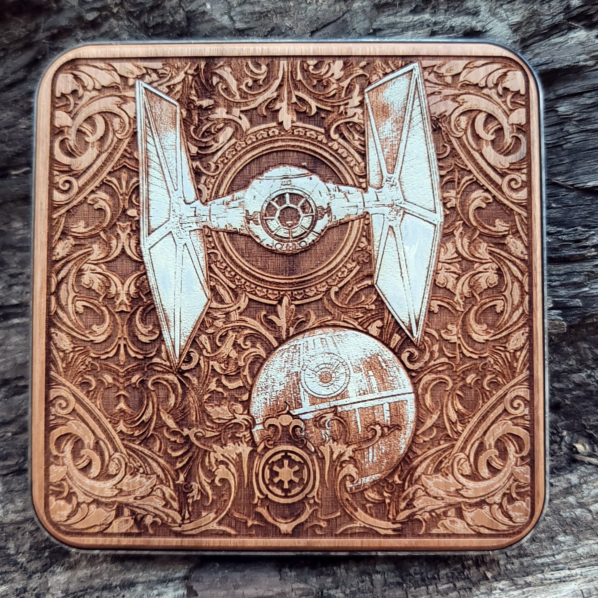 Hand-painted wooden wireless charger with Star Wars-inspired starships.