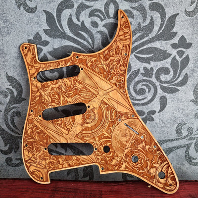 Custom wooden guitar pickguard with personalized laser engraved artwork