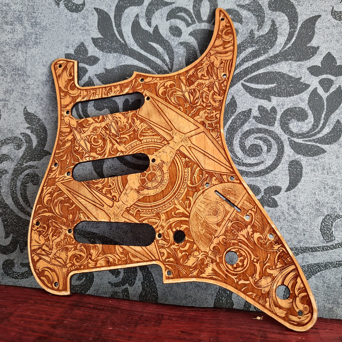 Personalized cherrywood guitar pickguard custom engraved with artwork or band logo