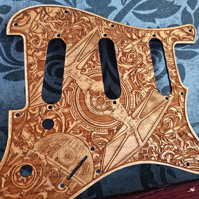 Personalized wooden bass pickguard with custom engraved artwork