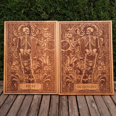 Custom gothic skeleton love engraving, perfect for wedding gifts.