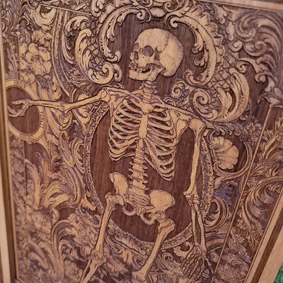 Personalized skeleton couple wood engraving for gothic decor lovers.