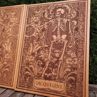Dark romantic skeleton couple wood art, customized with names.