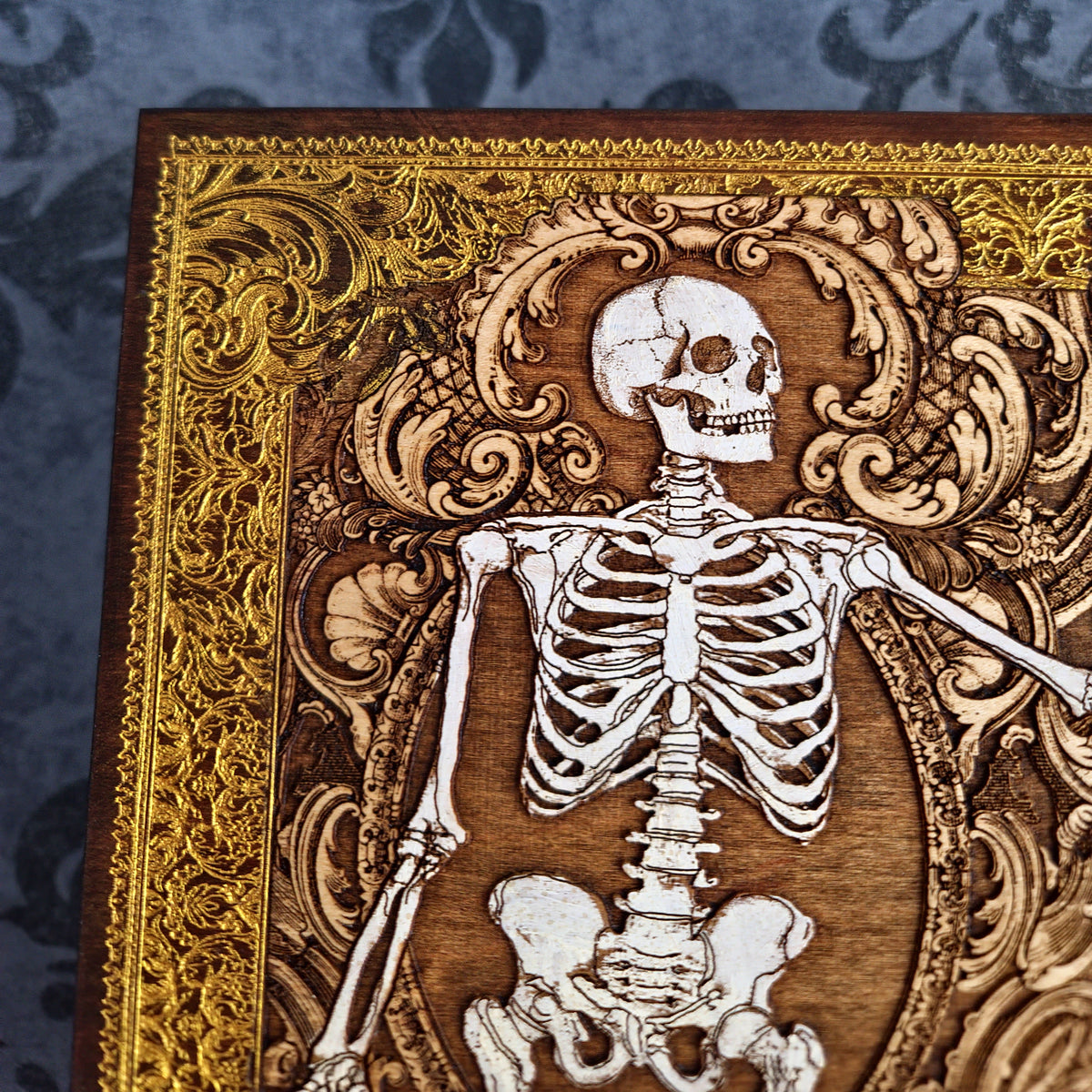 Custom gothic wedding gift with engraved names date and skeleton artwork