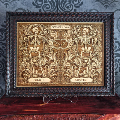 Personalized wooden wall art set featuring a gothic “Till Death Do Us Part” skeleton couple design with custom names engraved on natural wood.