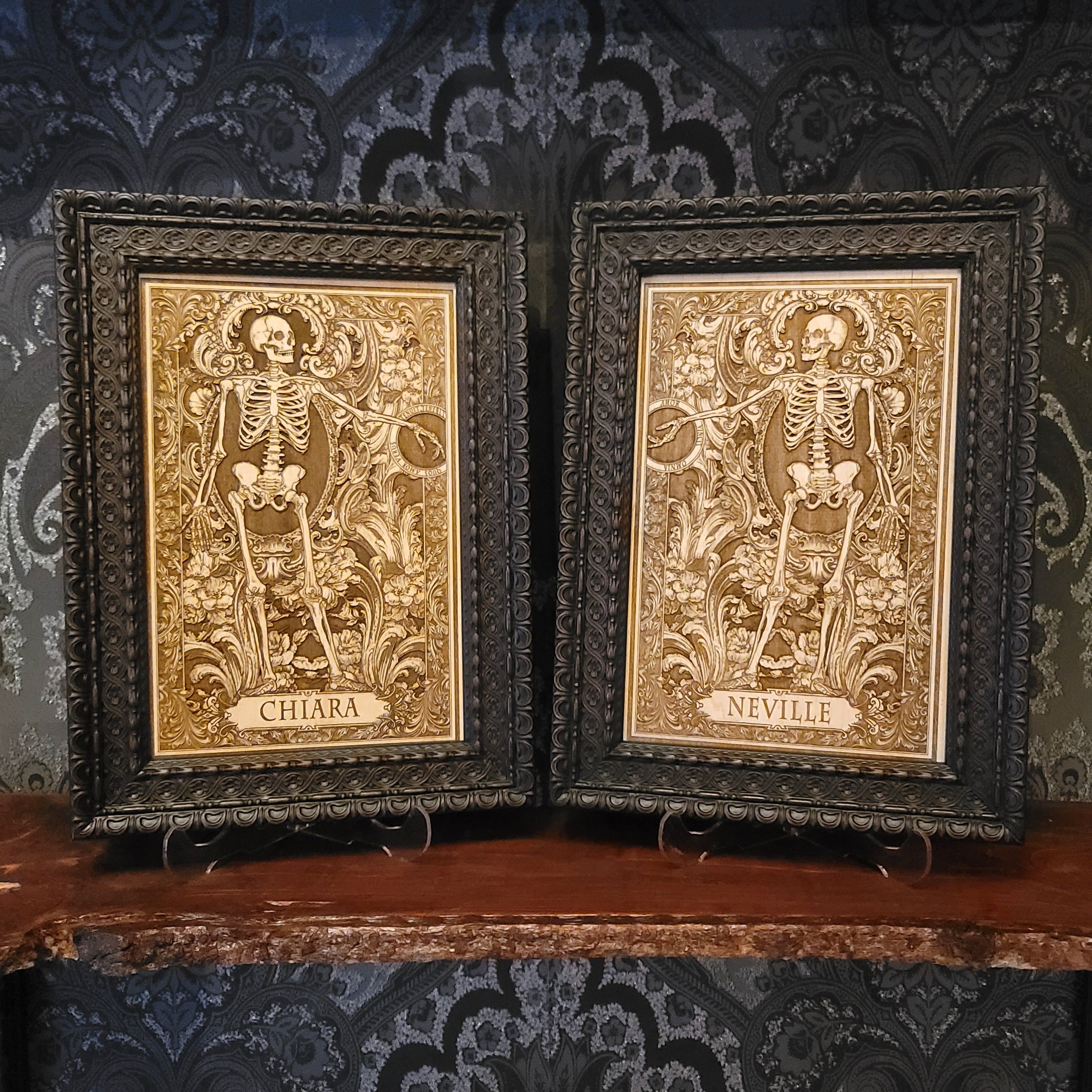 Personalized wooden wall art set featuring a gothic Till Death Do Us Part skeleton couple design with custom engraved names for couples.