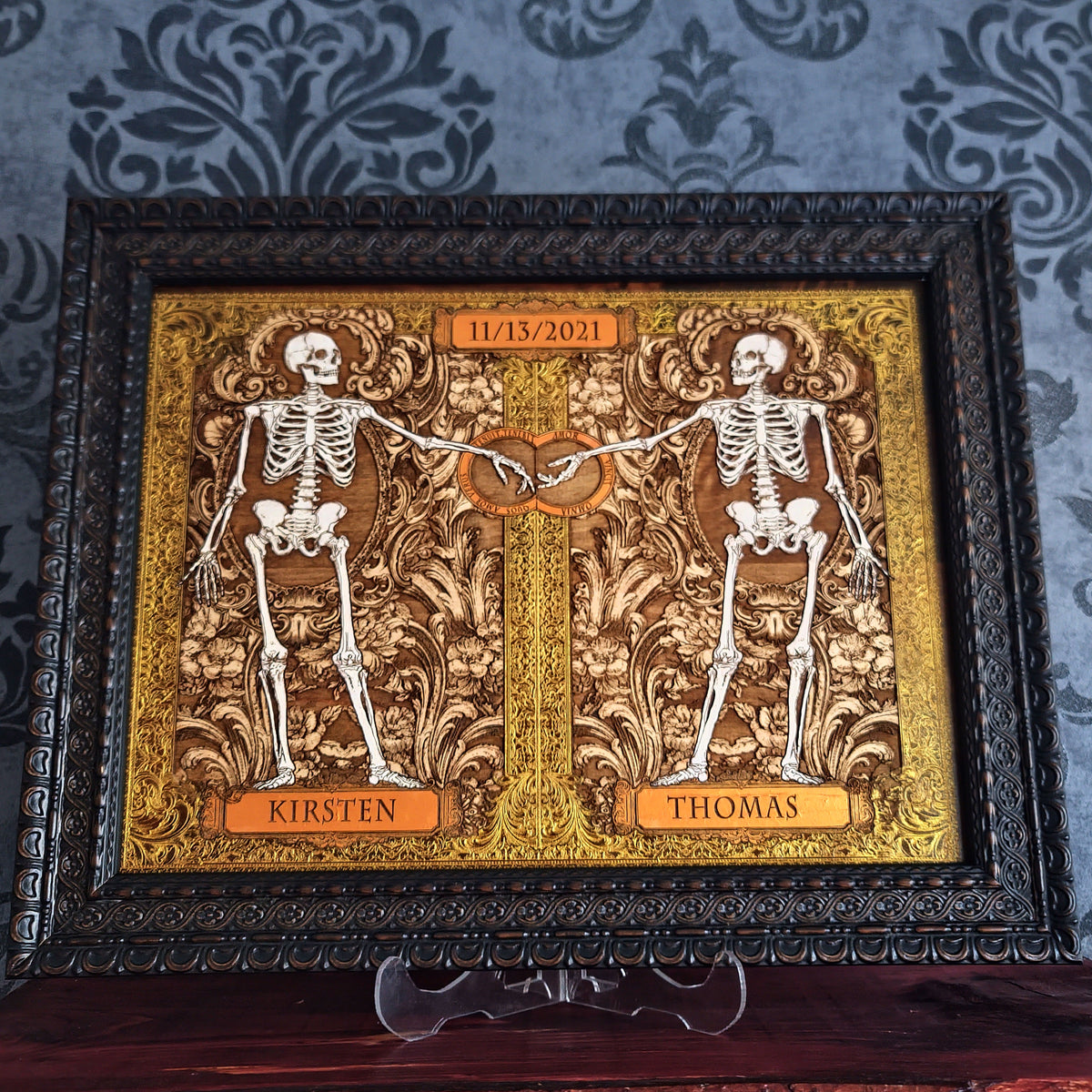 Personalized gothic wall art shown with dark brown wooden frame