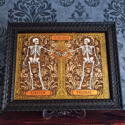 Personalized gothic wall art shown with dark brown wooden frame