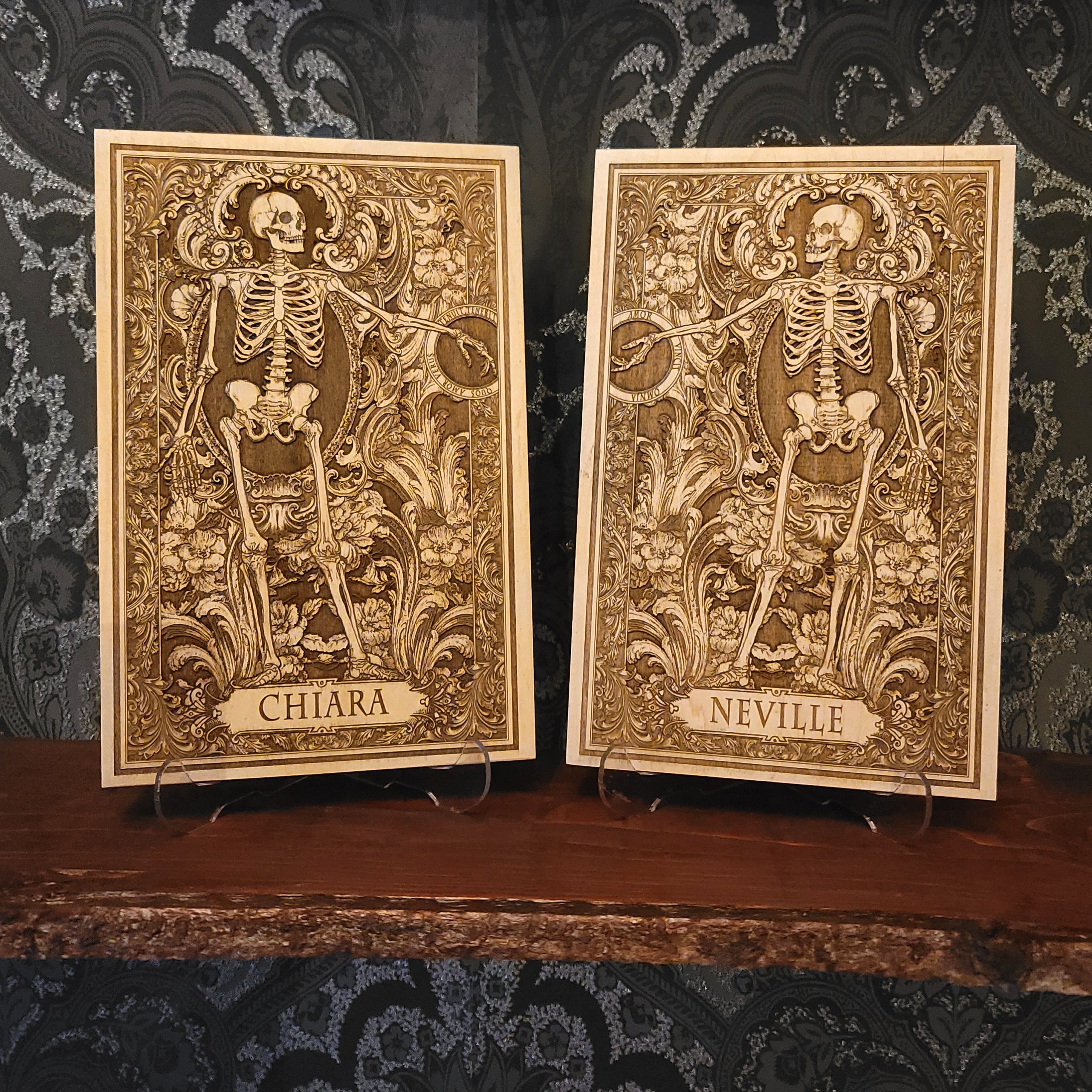 Personalized wooden wall art set featuring a gothic Till Death Do Us Part skeleton couple design with custom engraved names for couples.