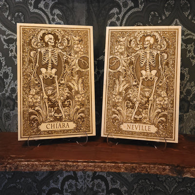 Personalized wooden wall art set featuring a gothic Till Death Do Us Part skeleton couple design with custom engraved names for couples.