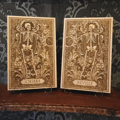 Personalized wooden wall art set featuring a gothic Till Death Do Us Part skeleton couple design with custom engraved names for couples.