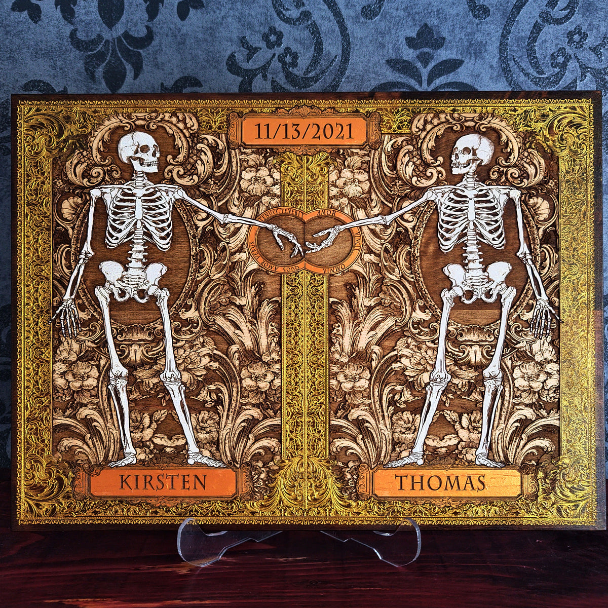 Personalized skeleton couple wood art with custom names and wedding date