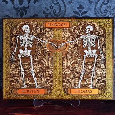 Personalized skeleton couple wood art with custom names and wedding date