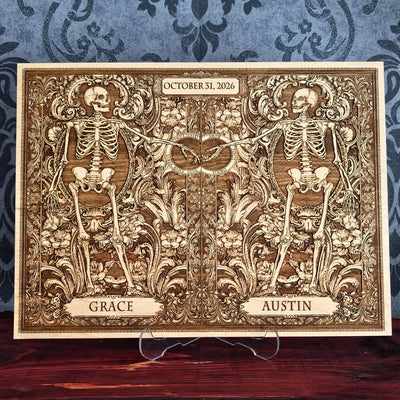 Personalized wooden wall art set featuring a gothic “Till Death Do Us Part” skeleton couple design with custom names engraved on natural wood.