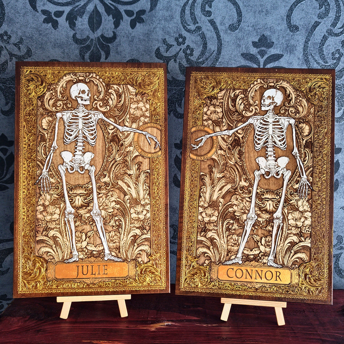 Personalized skeleton couple wall art with custom names engraved and hand painted on wood