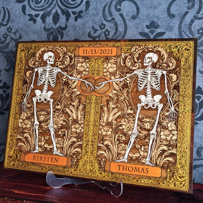 Gothic wedding gift with hand painted skeleton couple on engraved maple wood