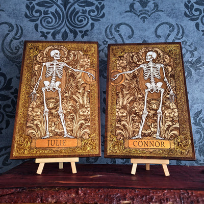 Gothic skeleton couple wooden wall decor personalized with two names and gold details