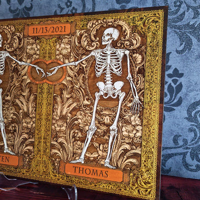 Custom anniversary wood art with skeleton couple names and special date