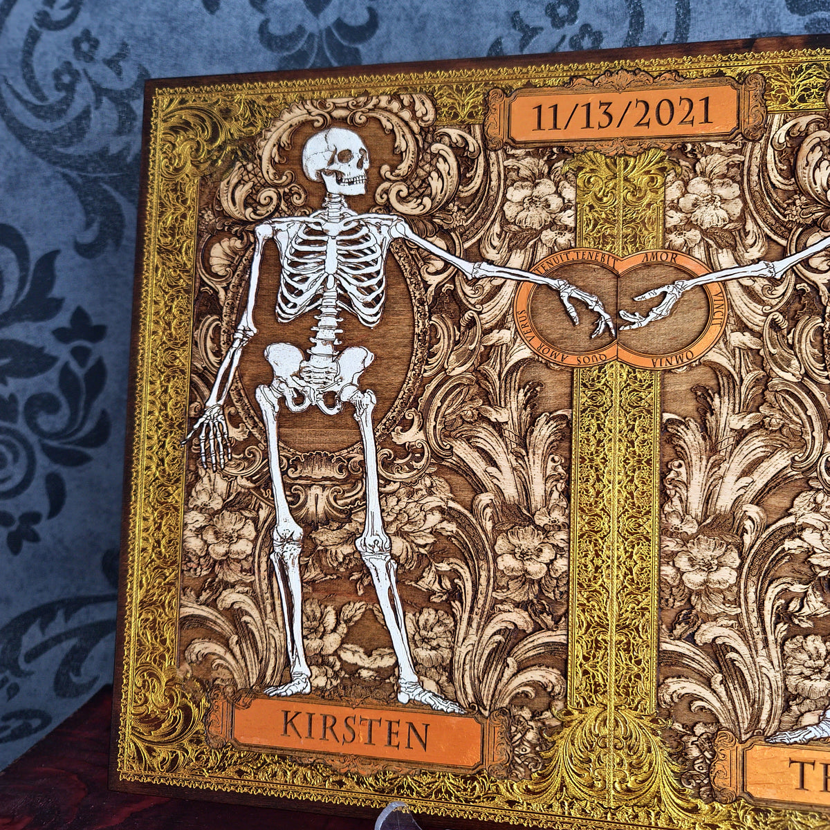 Personalized gothic couple wall art with walnut stained border and gold details