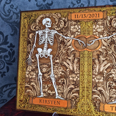 Personalized gothic couple wall art with walnut stained border and gold details