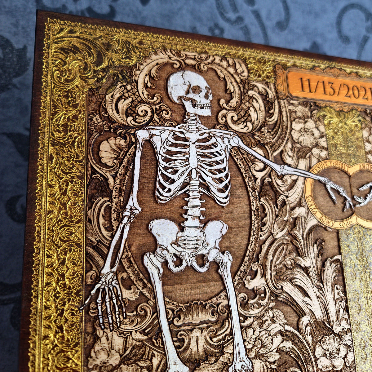 Hand painted skeleton couple artwork with engraved floral gothic decoration