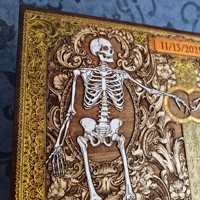 Hand painted skeleton couple artwork with engraved floral gothic decoration