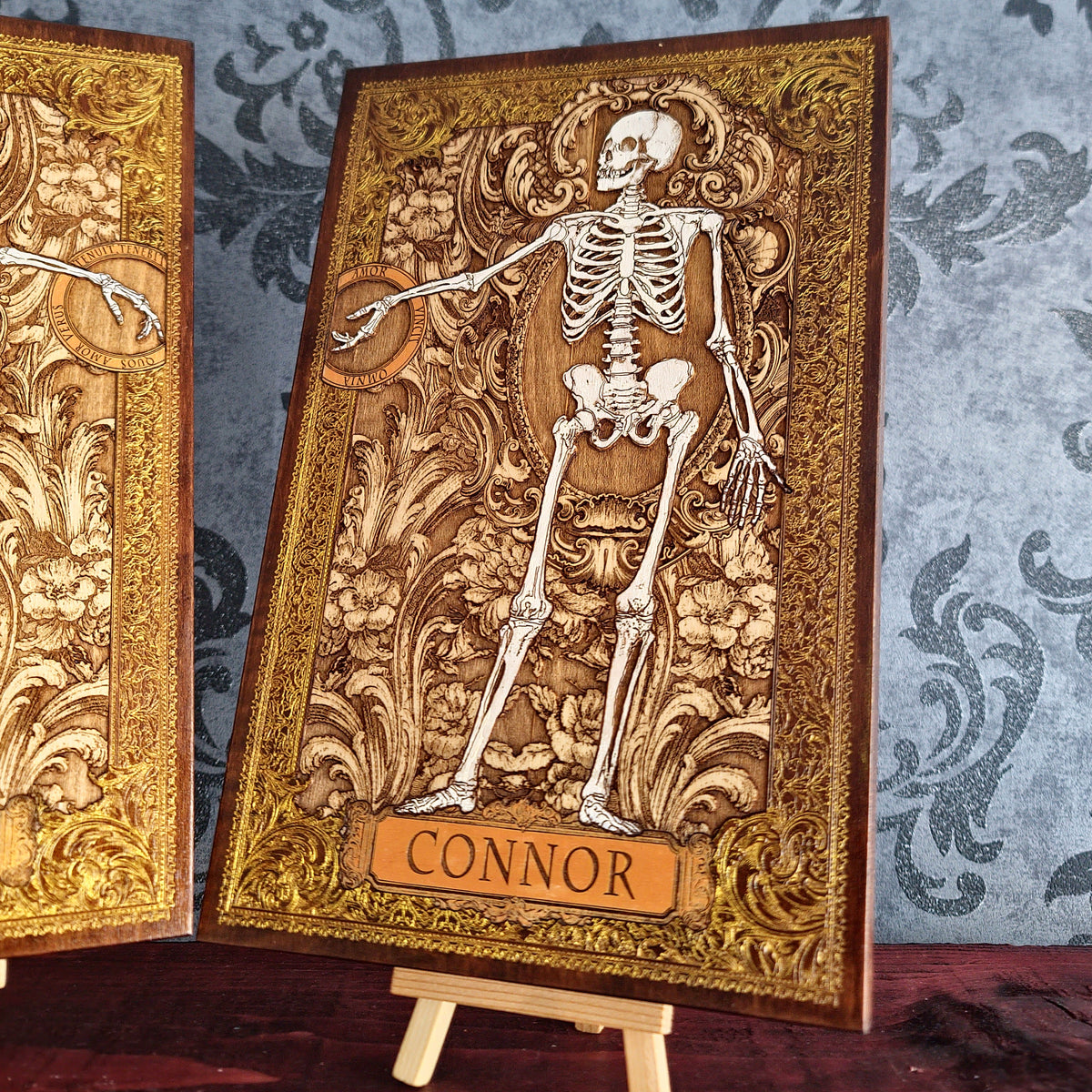 Skeleton husband and wife wall art with custom names and ornate vintage floral background