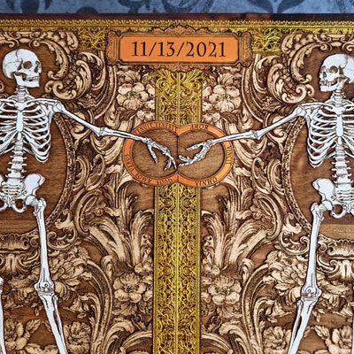 Custom wedding wall art with skeleton bride and groom on solid maple wood