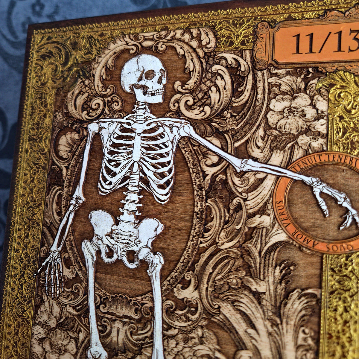 Personalized maple wood artwork with skeleton couple and Latin love phrases
