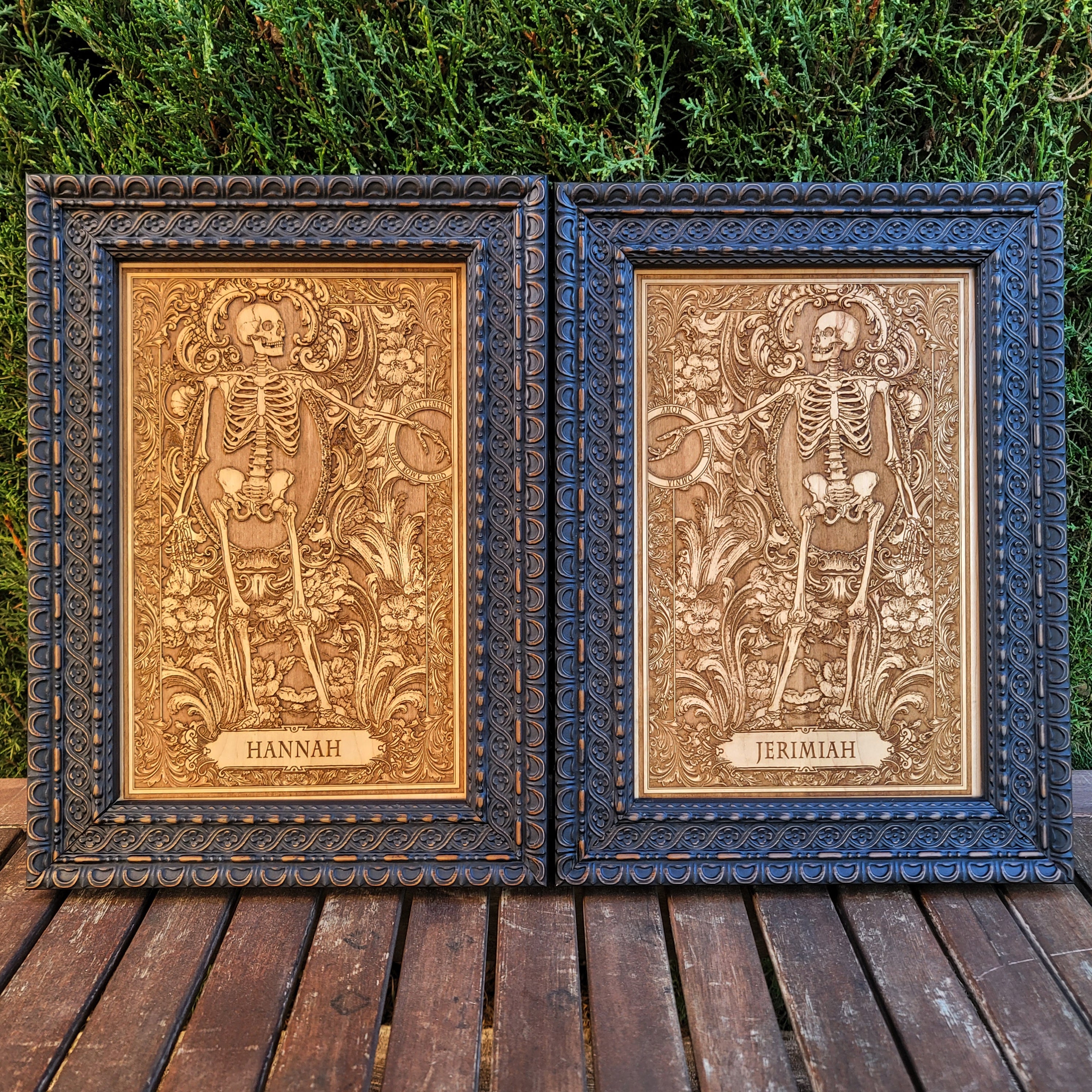 Dark romantic skull lovers engraved in wood, perfect for Halloween decor.