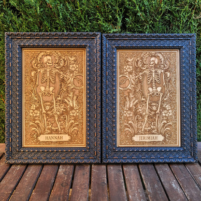 Dark romantic skull lovers engraved in wood, perfect for Halloween decor.