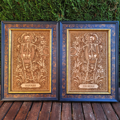 Wooden artwork of skeleton couple embracing, engraved with gothic text.