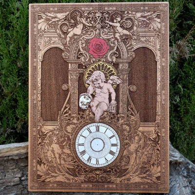 Personalized handcrafted wooden clock with gothic cherub design, ideal for wedding and anniversary gifts.