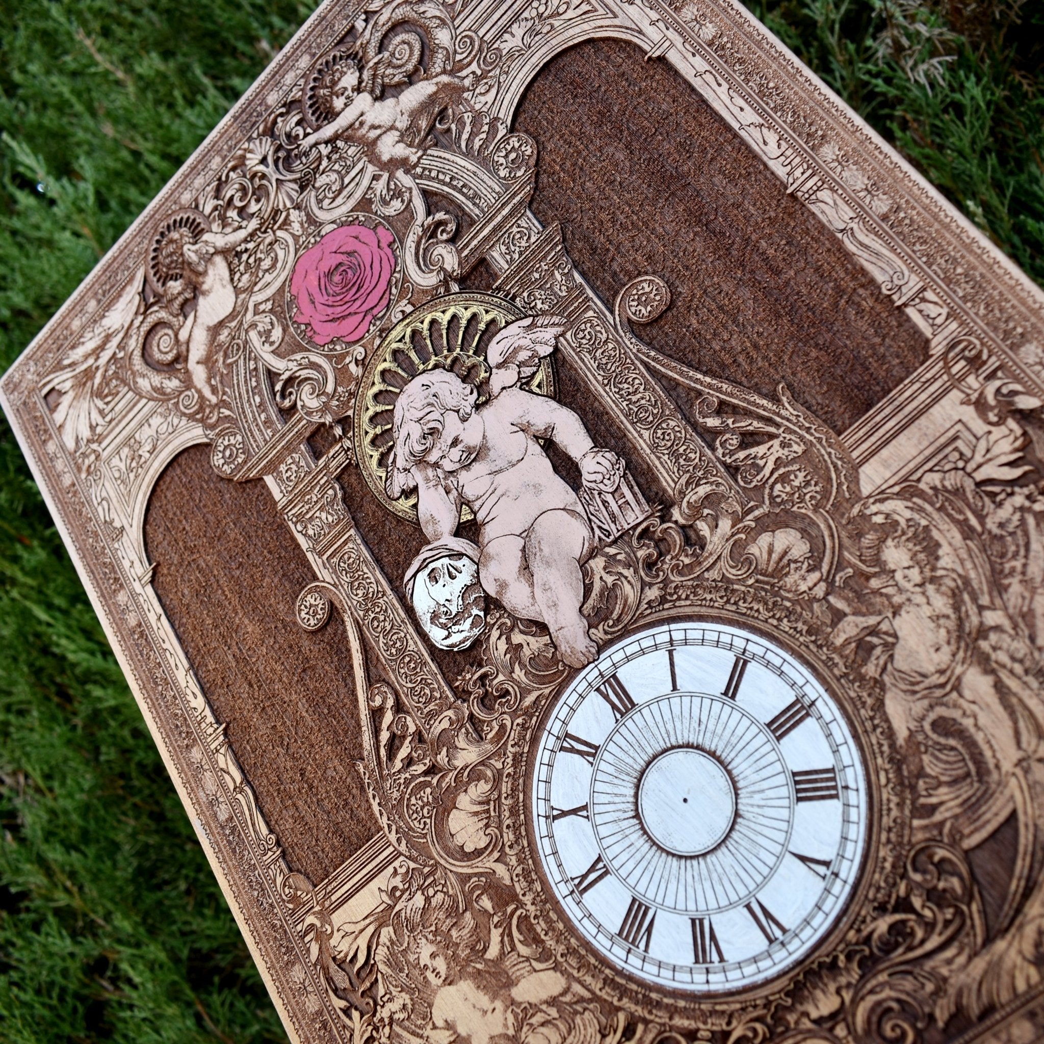 Personalized handcrafted wooden clock with gothic cherub design, ideal for wedding and anniversary gifts.