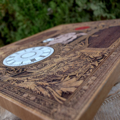 Gothic engraved wood art – gothic art, engraved wood, dark fantasy, skeleton design, artisan crafted