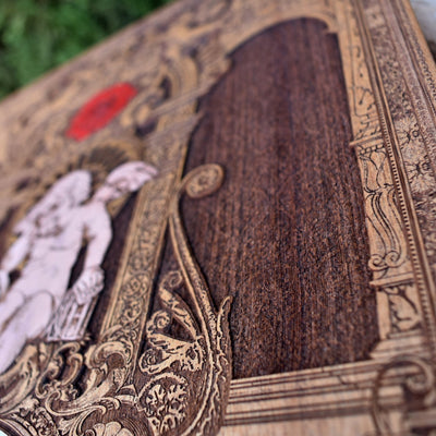 Personalized handcrafted wooden clock with gothic cherub design, ideal for wedding and anniversary gifts.