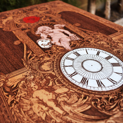 Gothic engraved wood art – gothic art, engraved wood, dark fantasy, skeleton design, artisan crafted