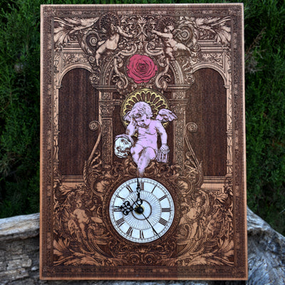 Handmade large gothic cedar wood clock with intricate laser engraving. A unique wedding & anniversary gift, perfect for gothic home décor lovers.