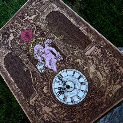 Handmade large gothic cedar wood clock with intricate laser engraving. A unique wedding & anniversary gift, perfect for gothic home décor lovers.