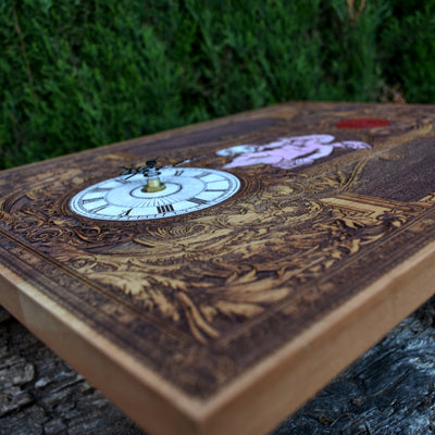 Handmade large gothic cedar wood clock with intricate laser engraving. A unique wedding & anniversary gift, perfect for gothic home décor lovers.