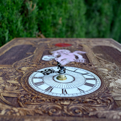 Handmade large gothic cedar wood clock with intricate laser engraving. A unique wedding & anniversary gift, perfect for gothic home décor lovers.