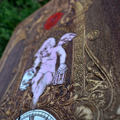 Gothic engraved wood art – gothic art, engraved wood, dark fantasy, skeleton design, artisan crafted