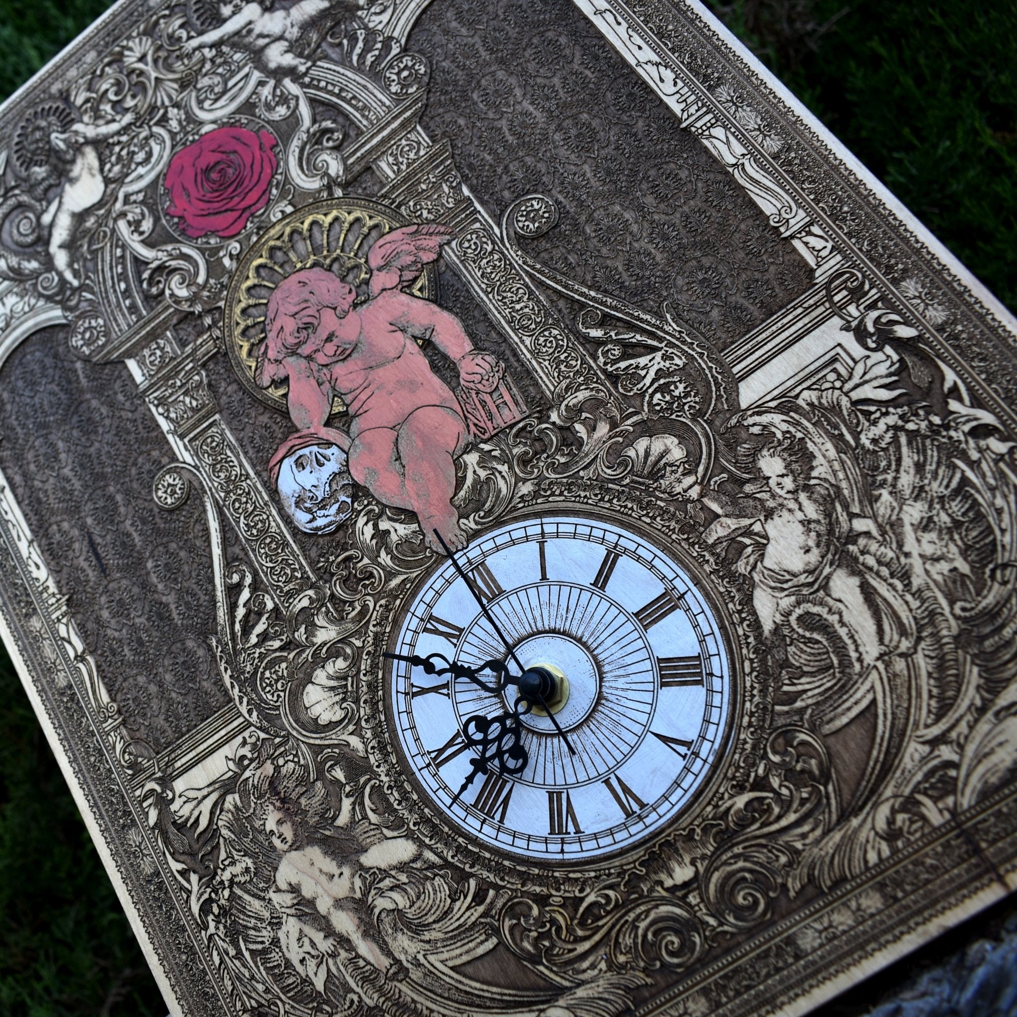 Handmade large gothic maple wood clock with intricate laser engraving. A unique, elegant statement piece—perfect for weddings, anniversaries, and gothic décor lovers.