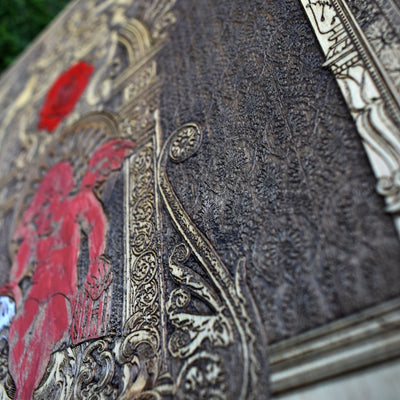 Gothic engraved wood art – gothic art, engraved wood, dark fantasy, skeleton design, artisan crafted