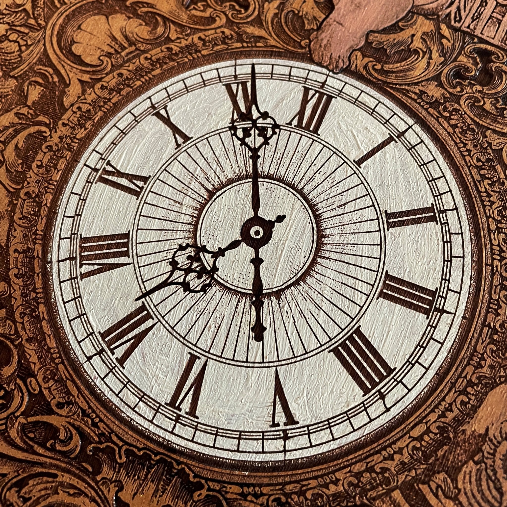Personalized handcrafted wooden clock with gothic cherub design, ideal for wedding and anniversary gifts.