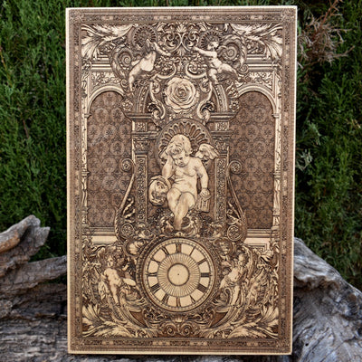 Custom gothic wood clock with engraved medieval details